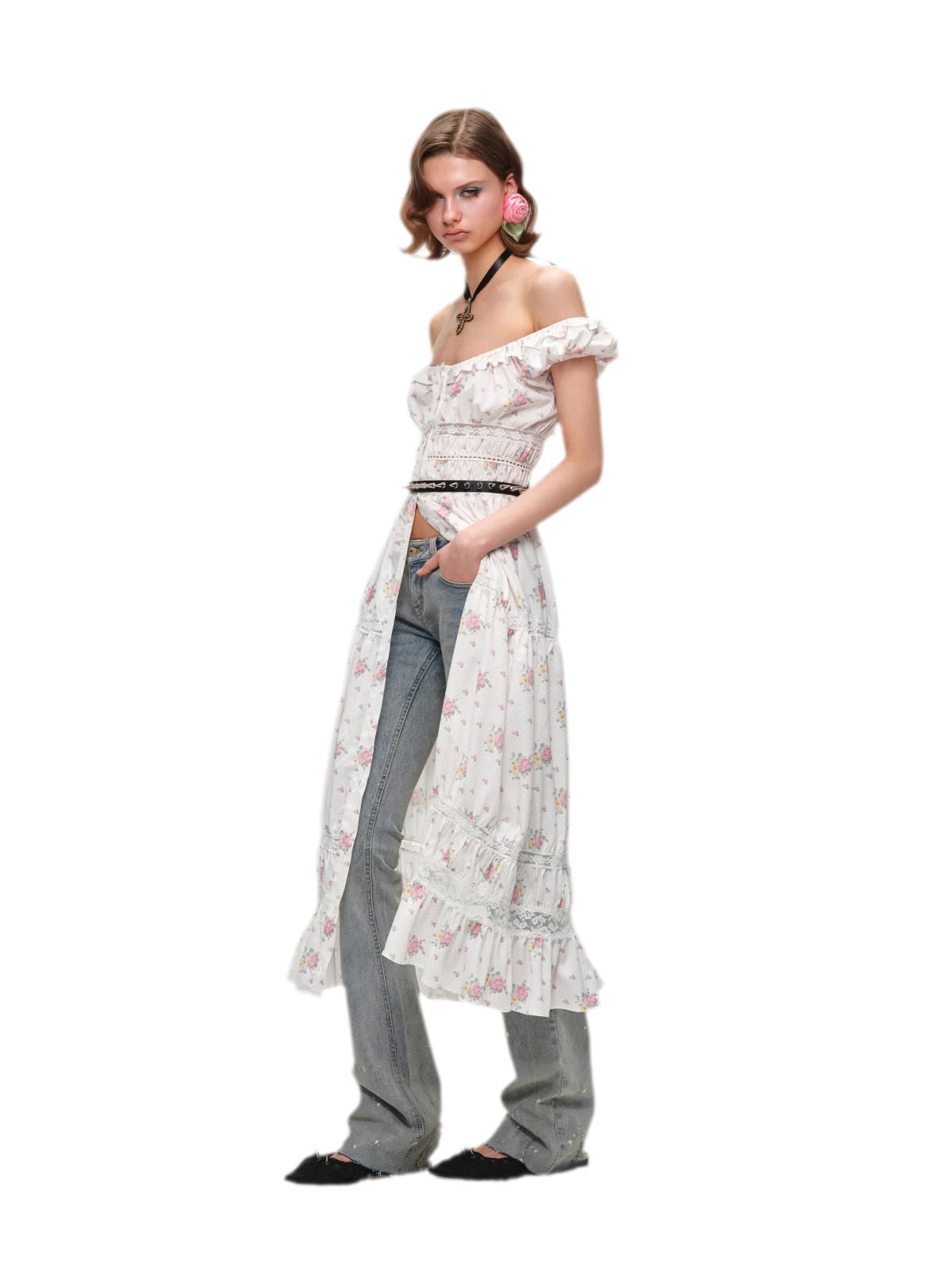 Long Floral Lace Chiffon Dress