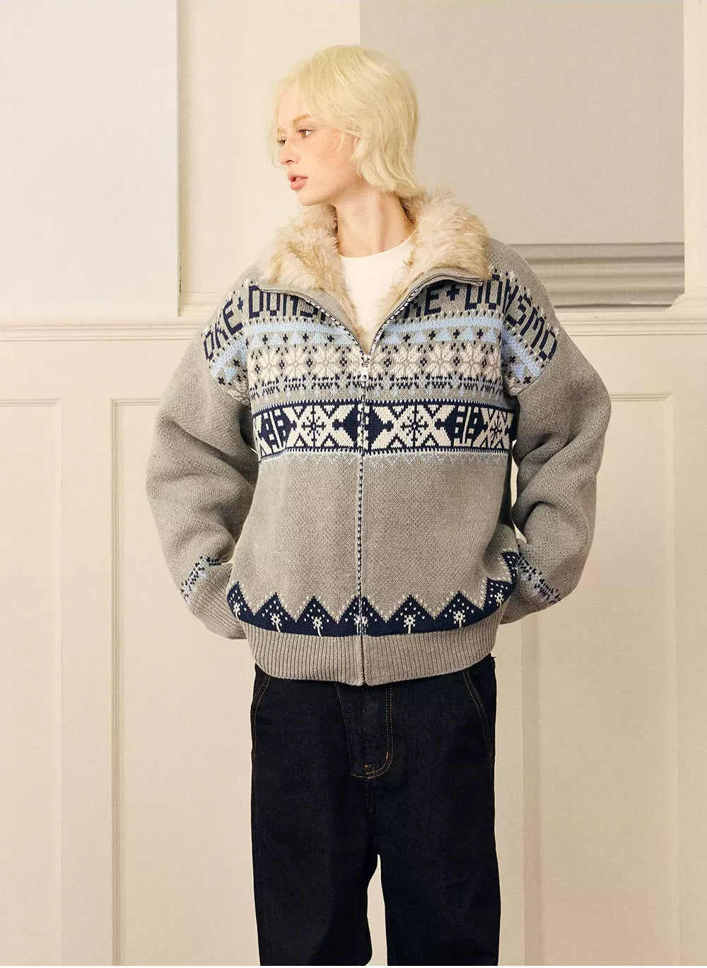 Jacquard Cropped Zip Sweater