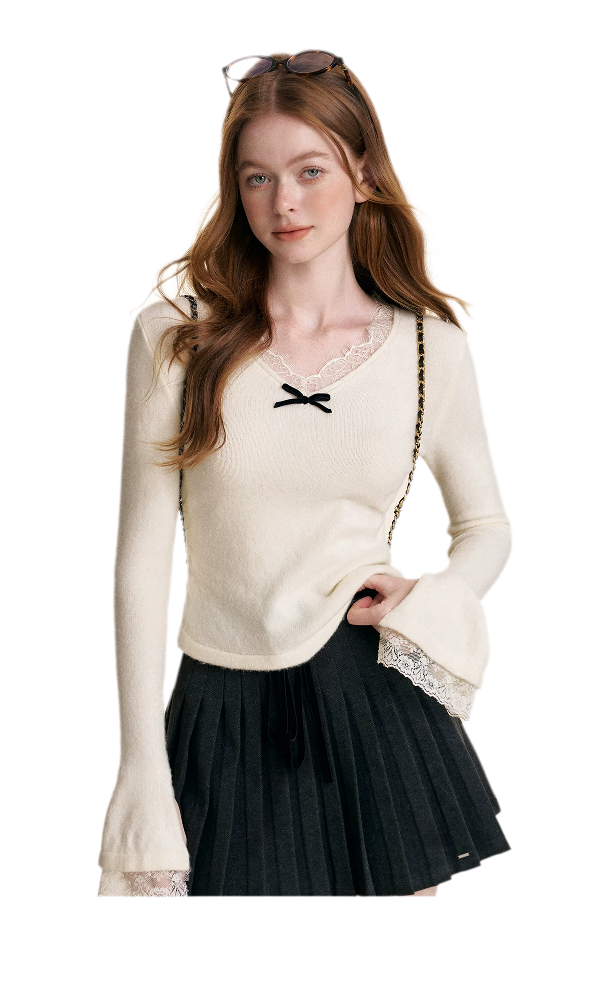 Lace Bow V-Neck Knit Top