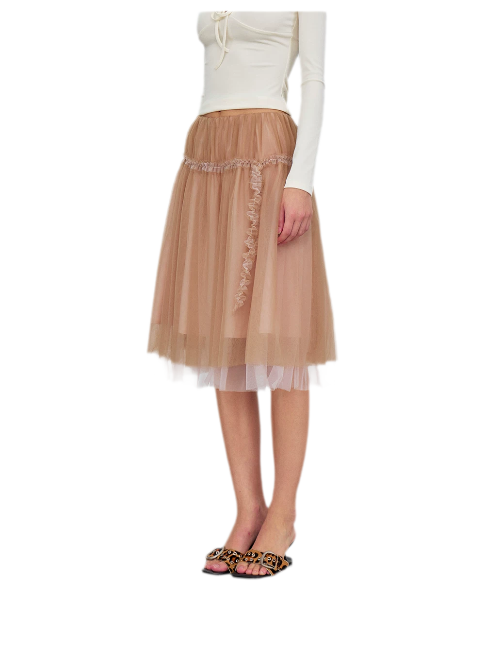 Layered Mesh Ruffle Midi Skirt