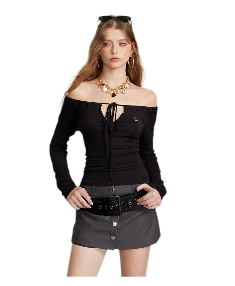 Drawstring Off-Shoulder Long-Sleeve Top
