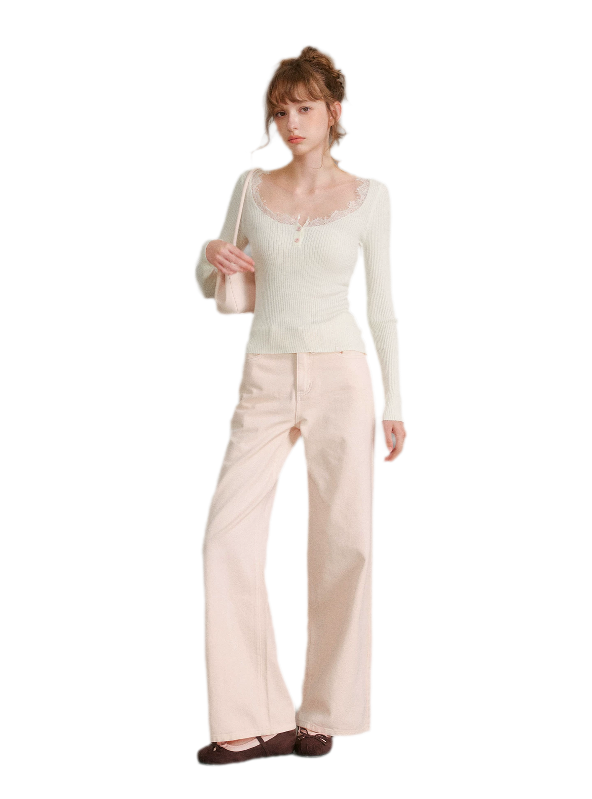 Cotton Lace-Trim Wide-Leg Jeans