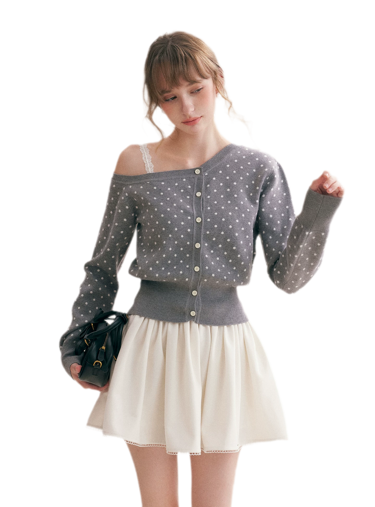 Polka Dot Slanted Shoulder Cardigan