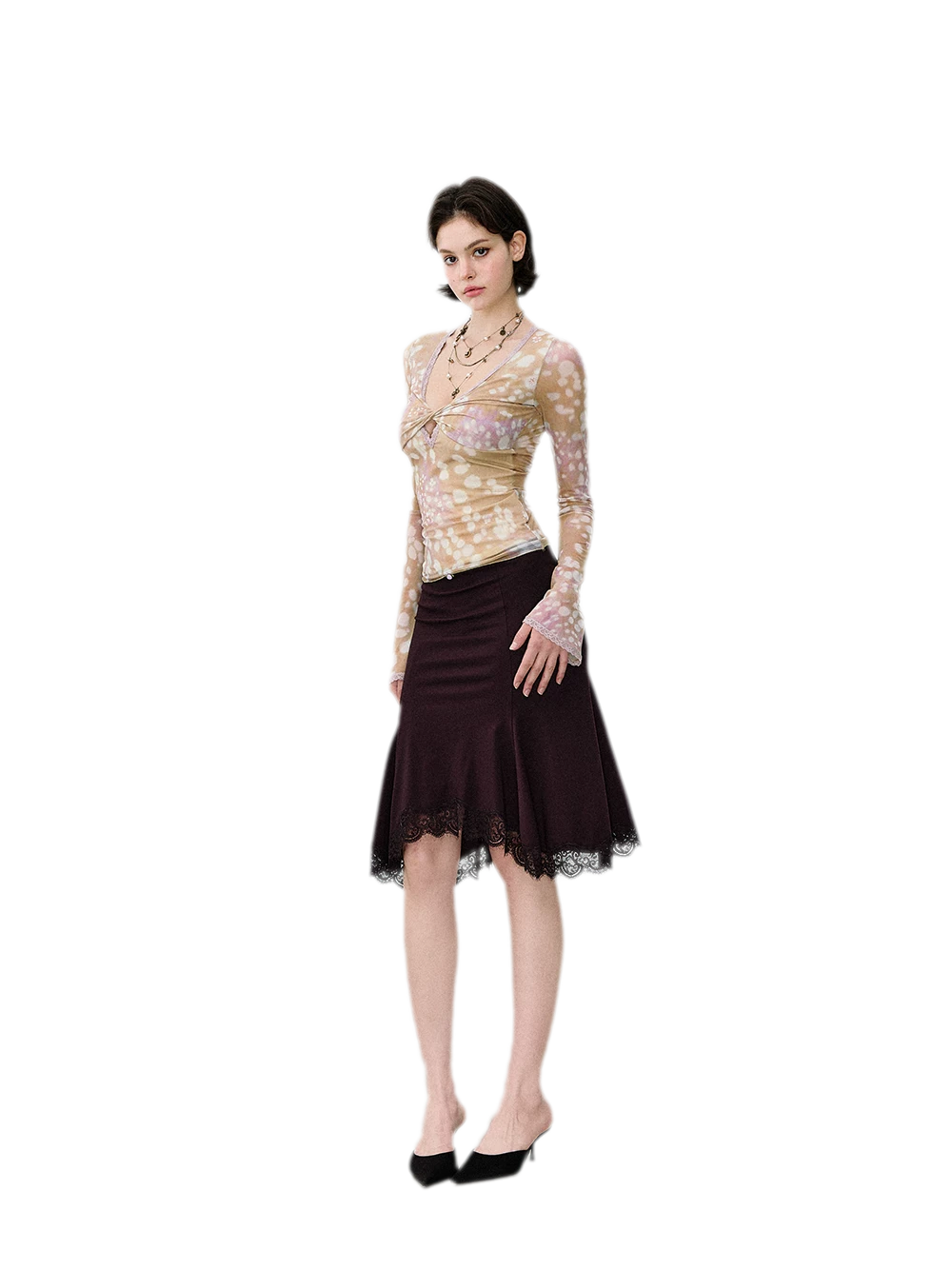 Deer Print Lace Mesh Top