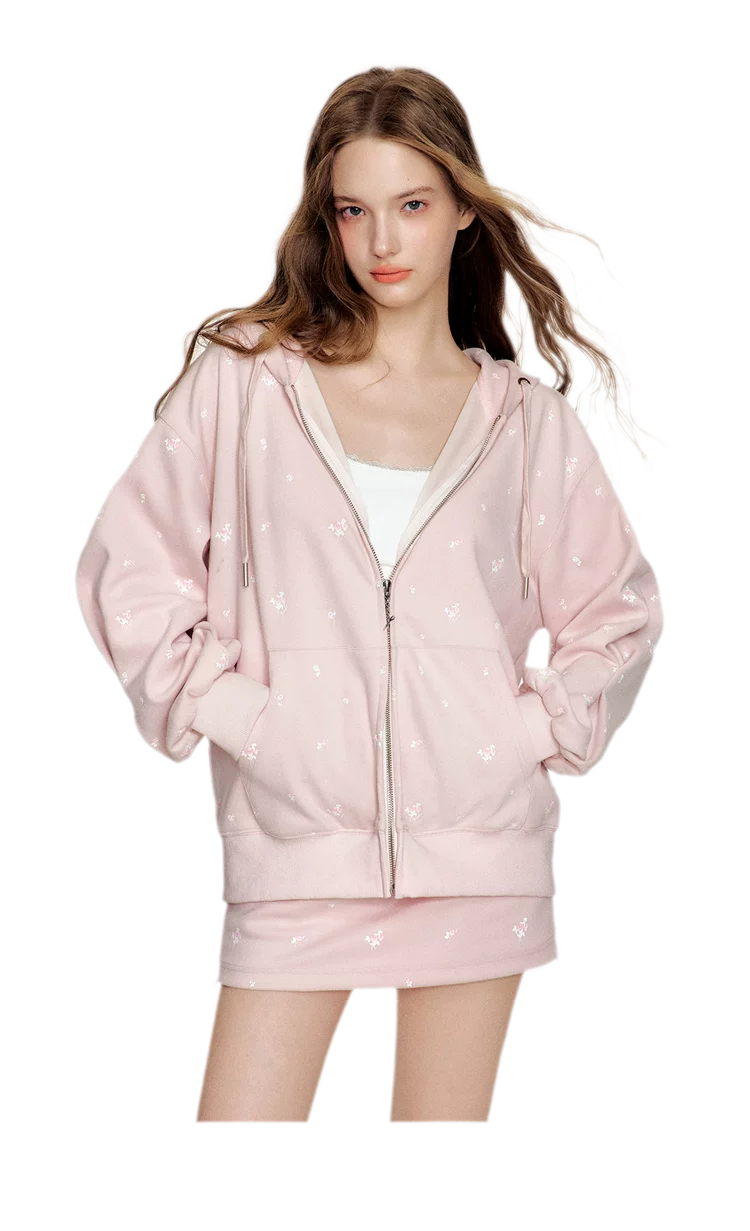 Cotton Rose Print Hooded Set