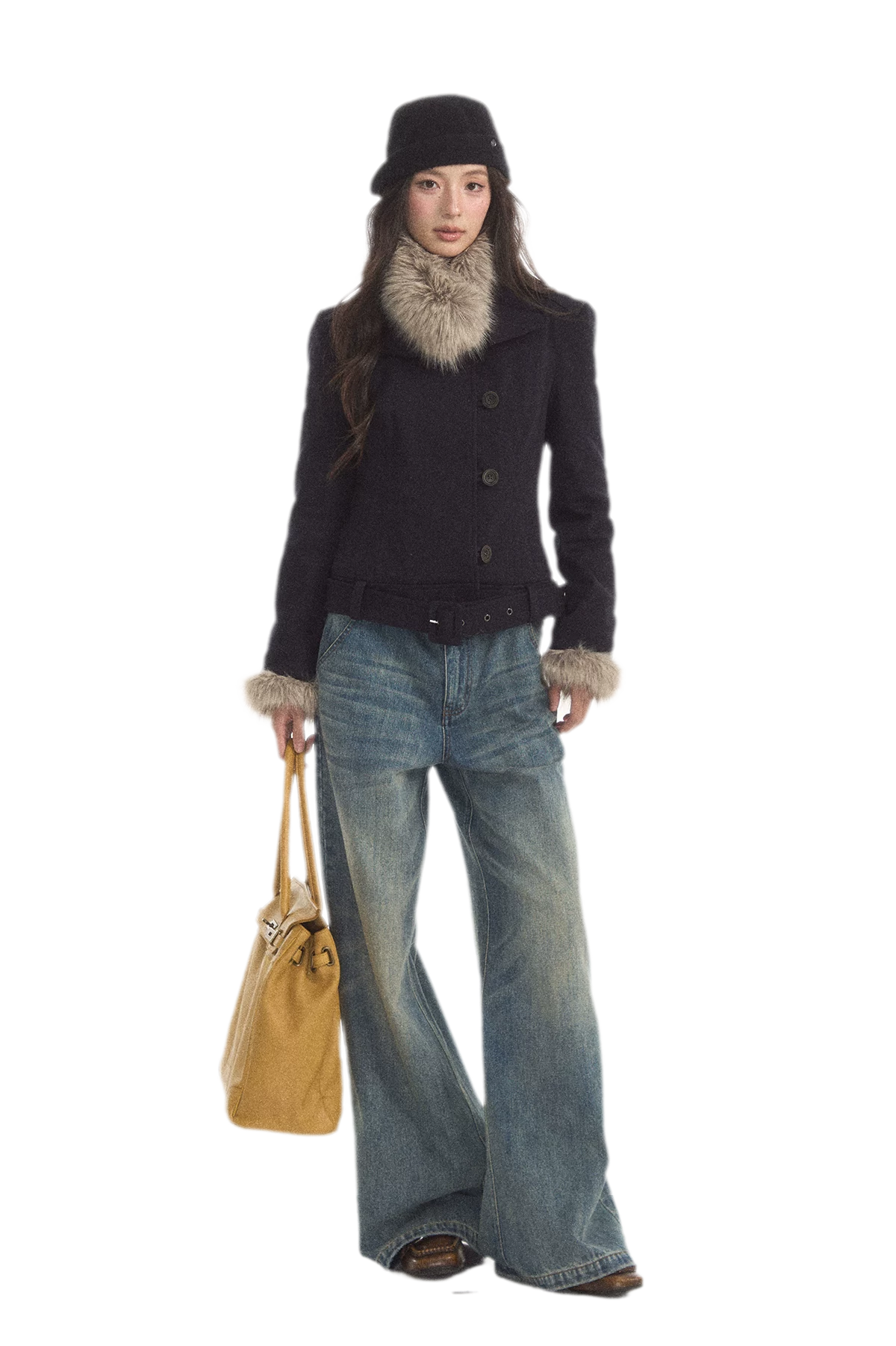 Detachable Fur Collar Twill Coat