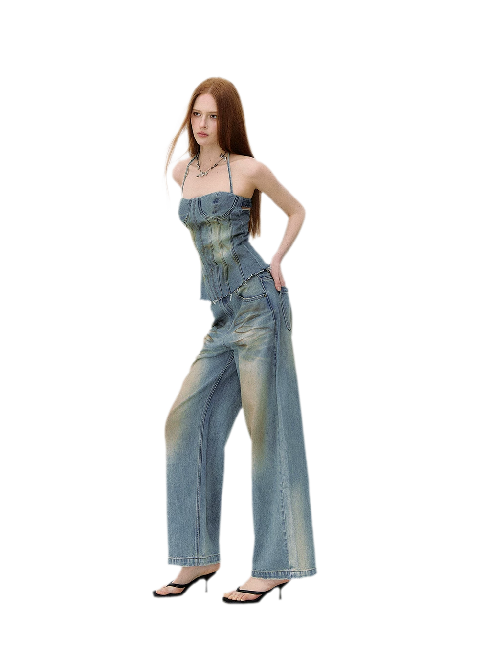 Denim Halter Top and Wide-Leg Jeans Set
