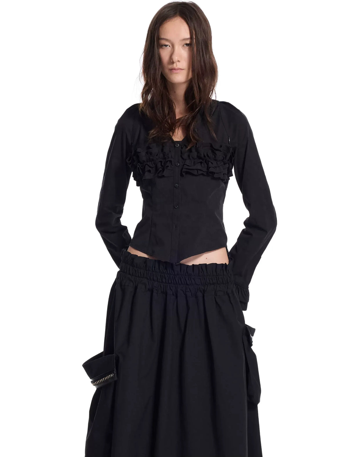 Pleated Ruffle Puff-Sleeve Shirt