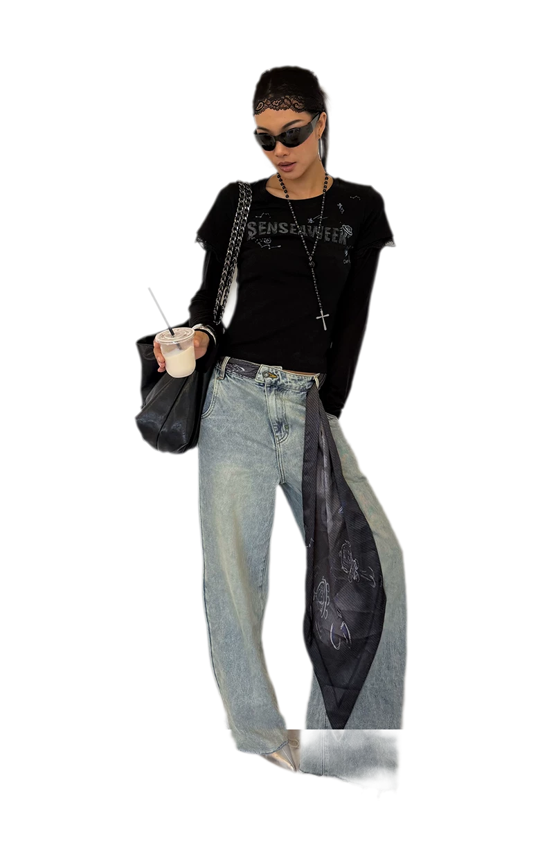 Ribbed Lace Trim Layered T-Shirt