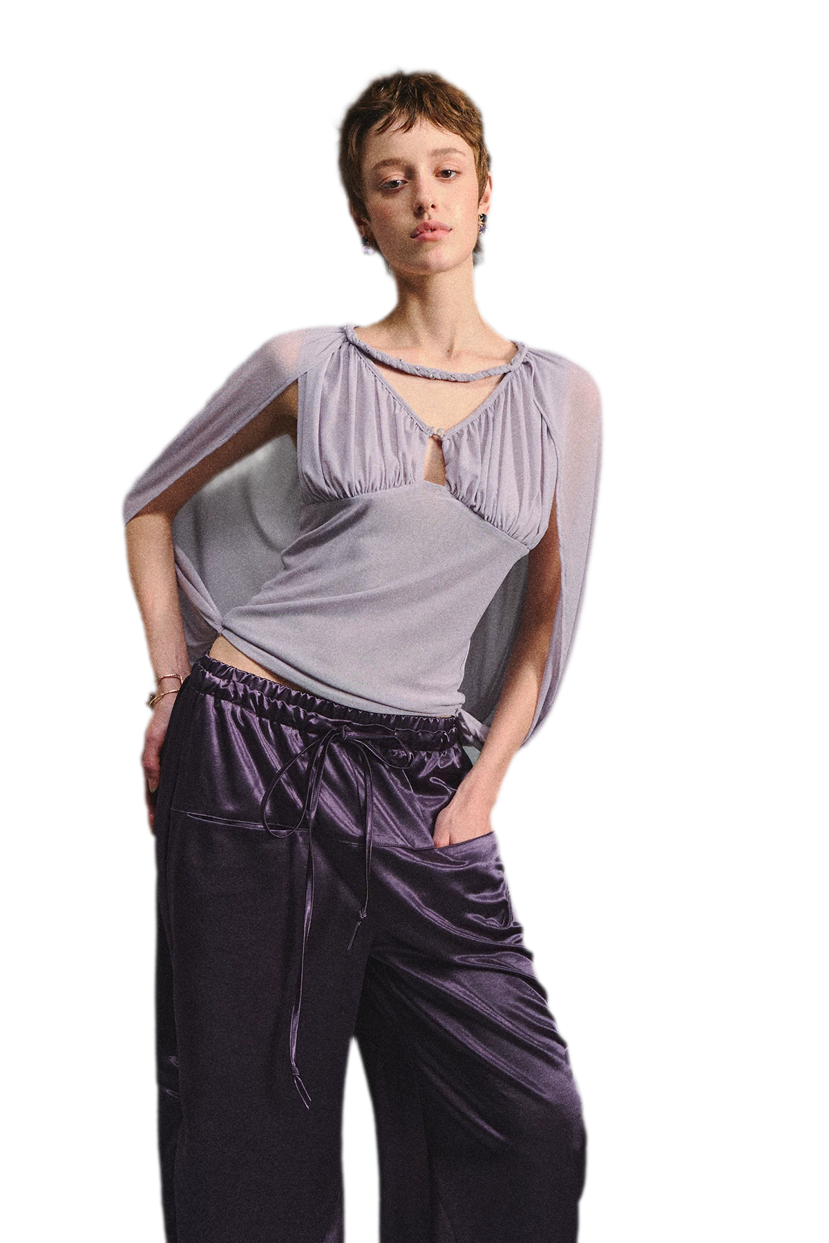 Ruched Mesh V-Neck Top