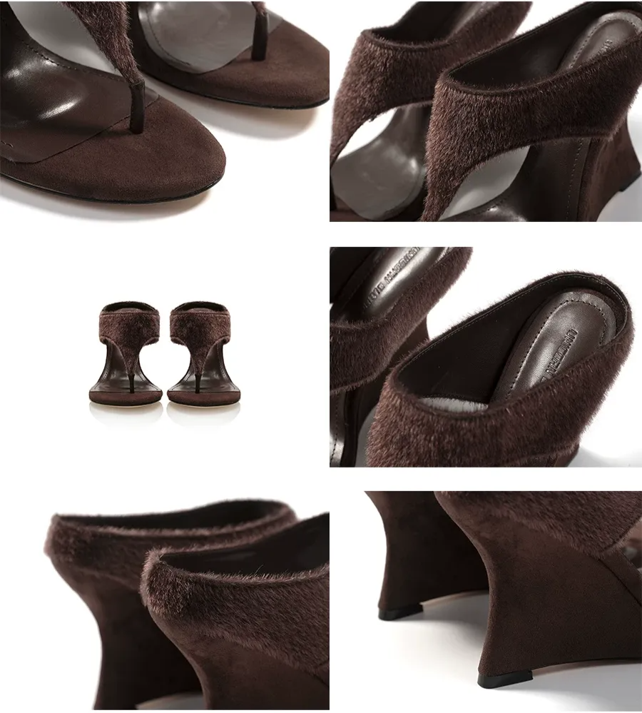 Faux Horsehair Wedge Thong Sandals