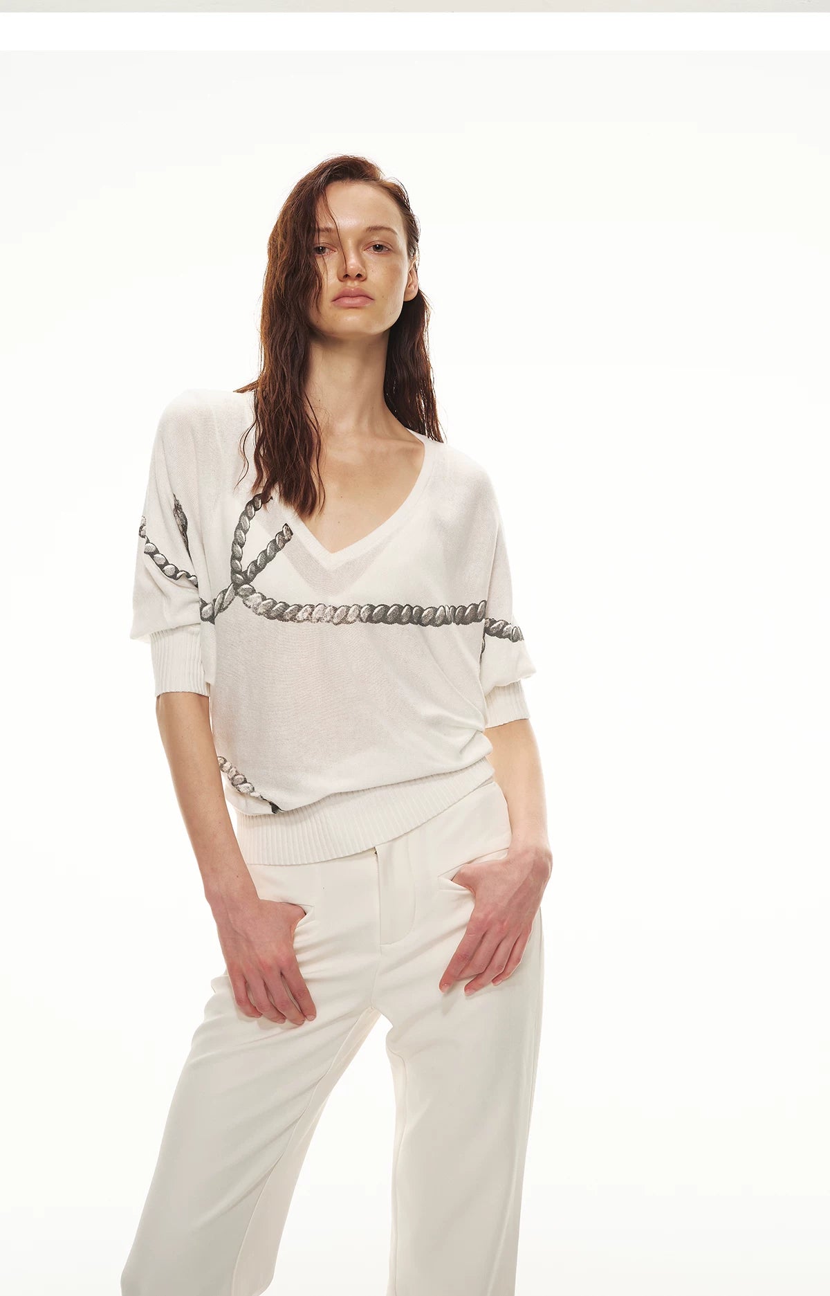 Sheer Asymmetric Chain Print Pullover Top