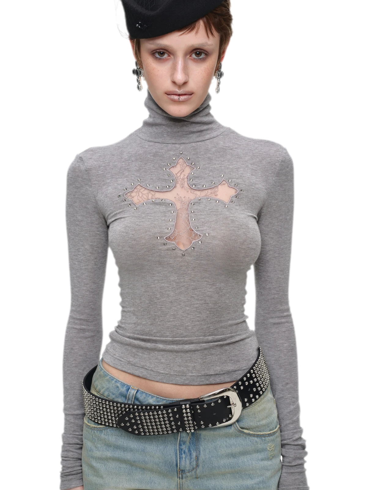 Rhinestone Lace Turtleneck Knit Top