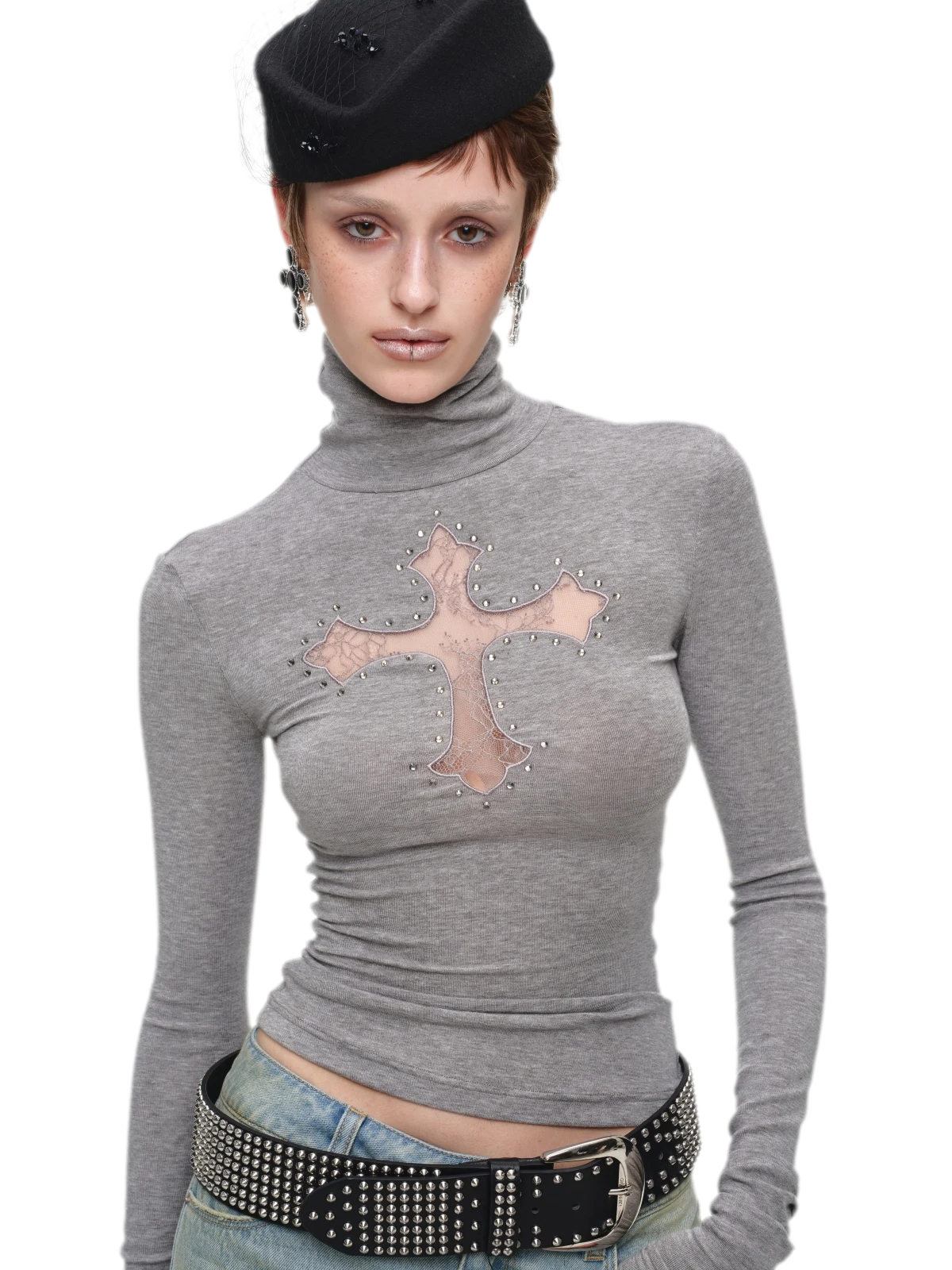 Rhinestone Lace Turtleneck Knit Top
