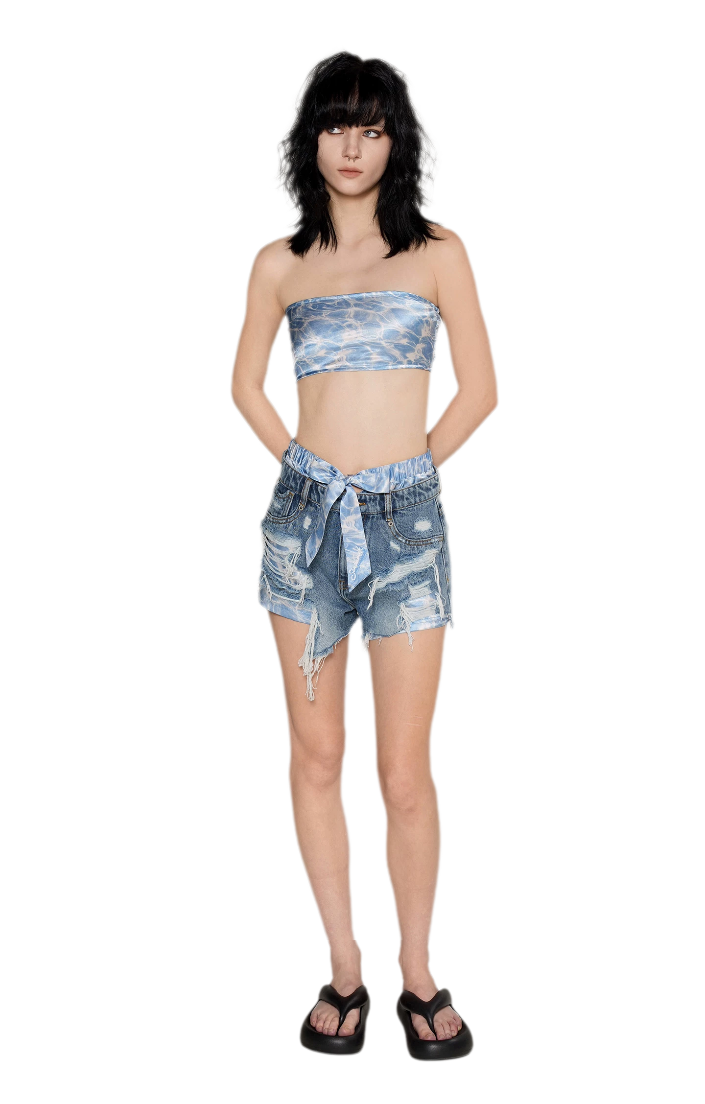 Wave Trim Denim Shorts