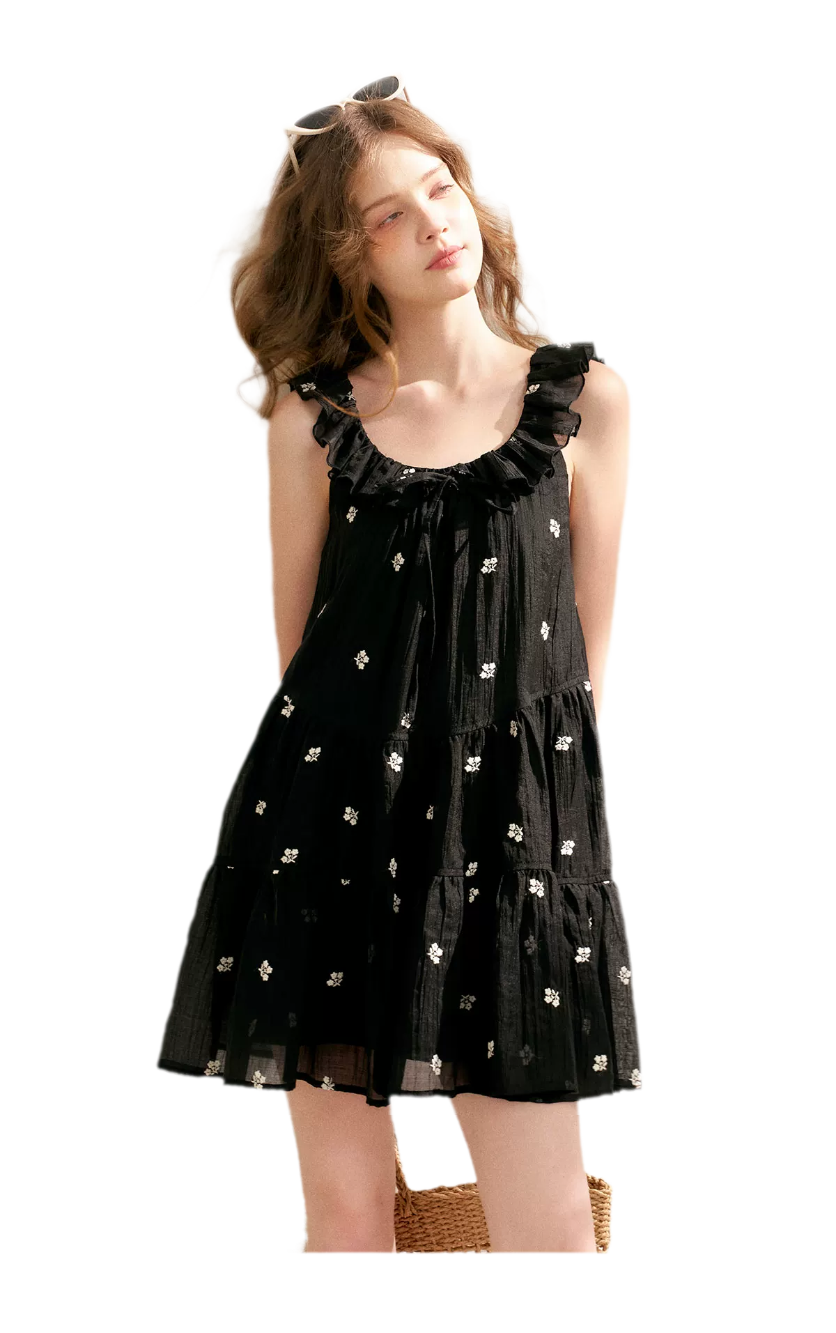 Tencel Embroidered Ruffle A-line Dress