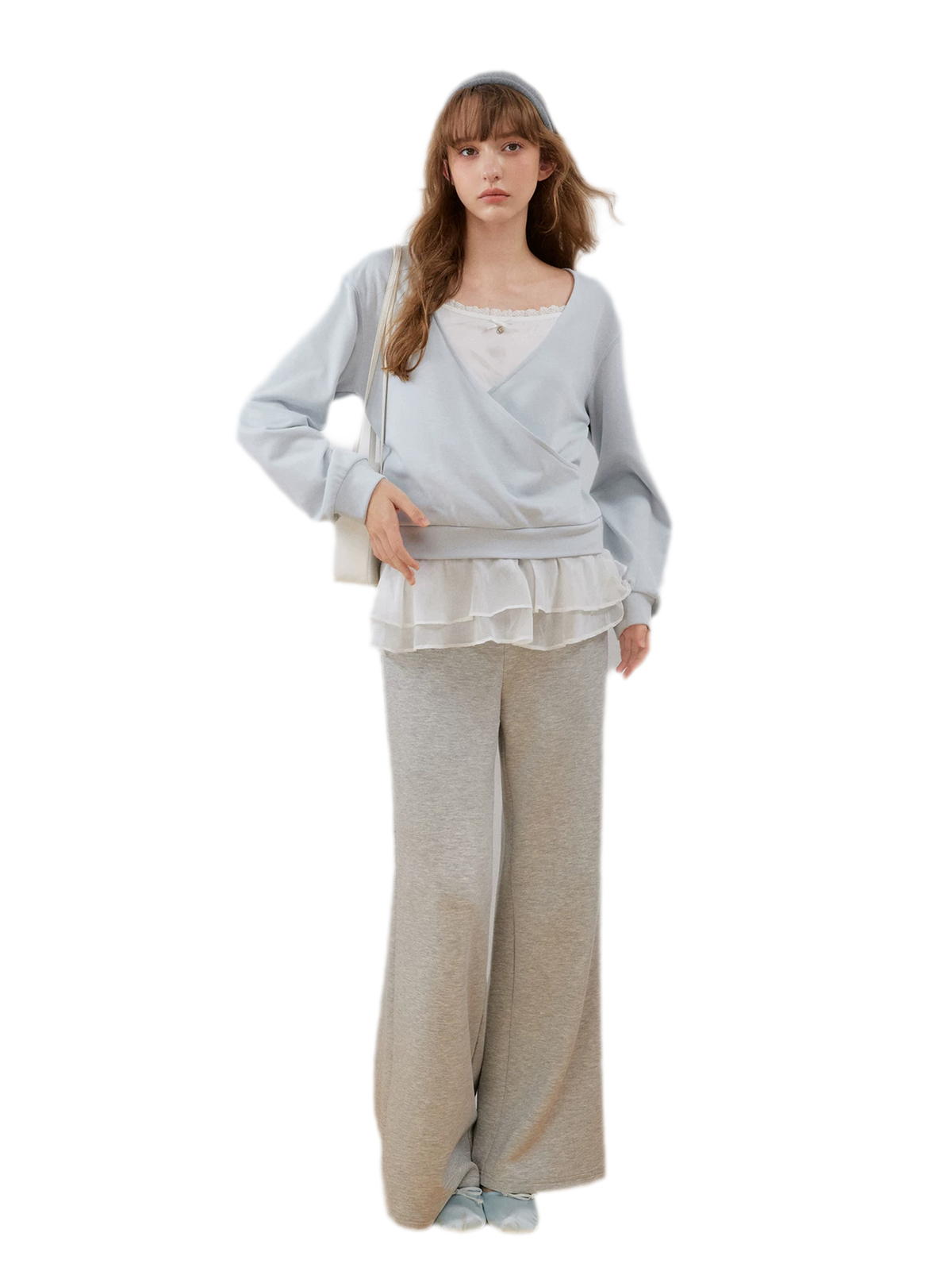 Sweatshirt met kanten ruches en V-hals