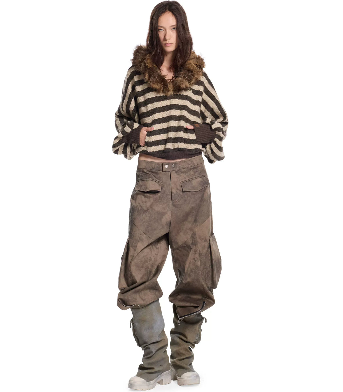 Striped Faux-Fur Collar Sweater