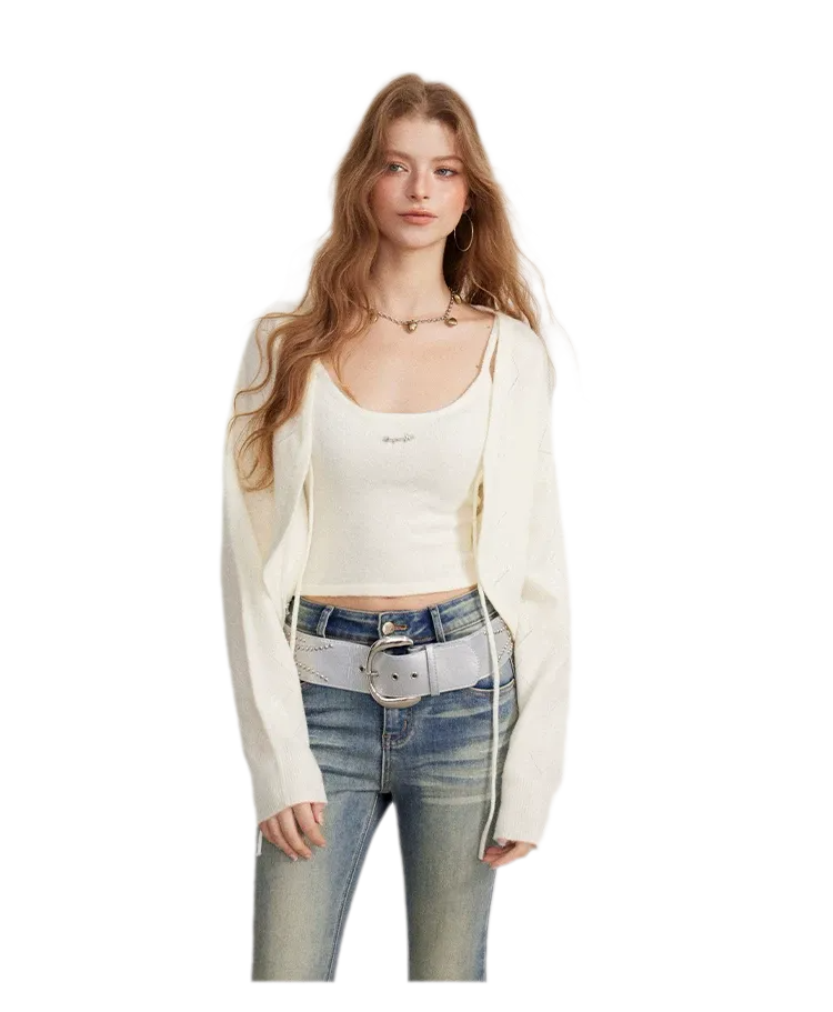 Diamond Knit Tie Cardigan Set