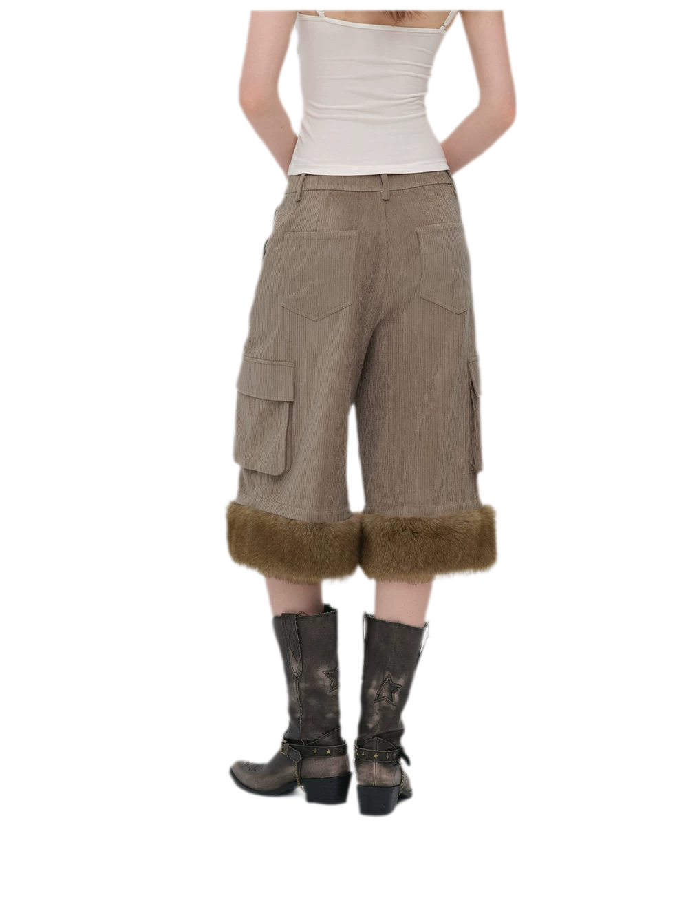 Chenille Cargo Cropped Wide-Leg Pants