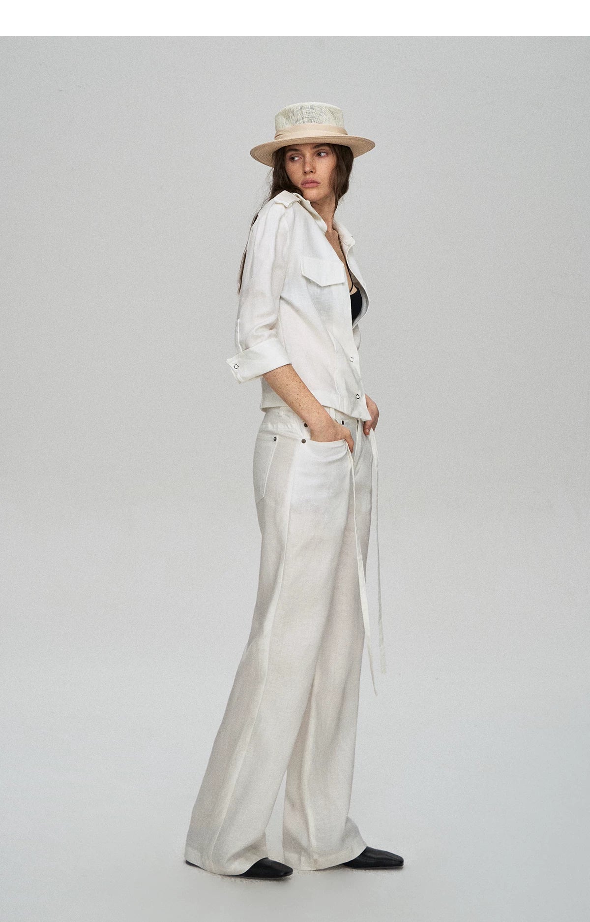Tencel Linen Cool-Feel Mid-Sleeve Shirt & High-Waist Wide-Leg