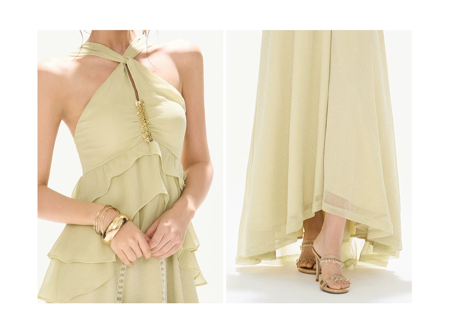 Flowing Sheer Halter Rhinestone Chiffon Long Dress