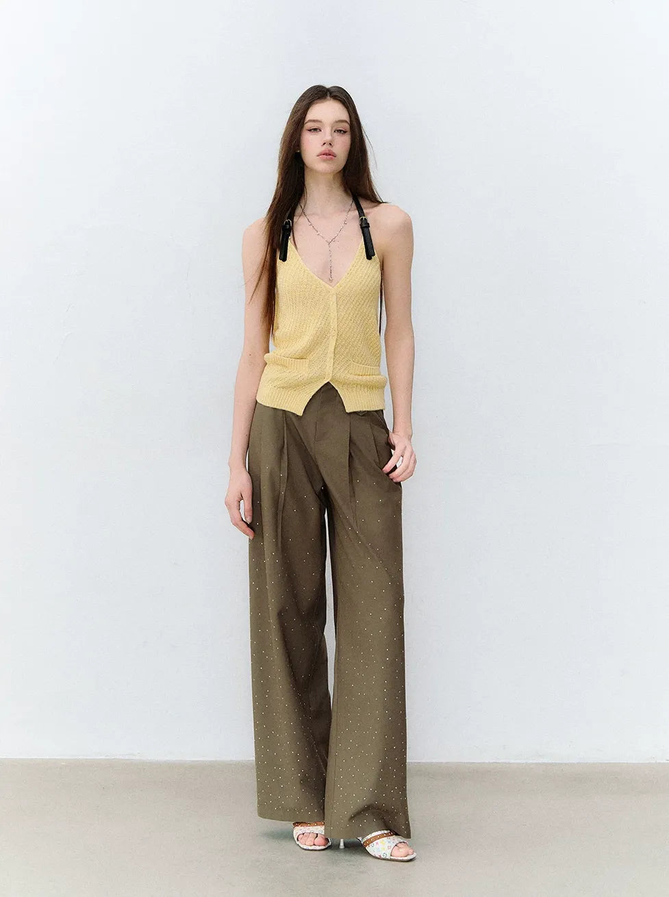 Rhinestone Pleated Waistband Wide-Leg Pants