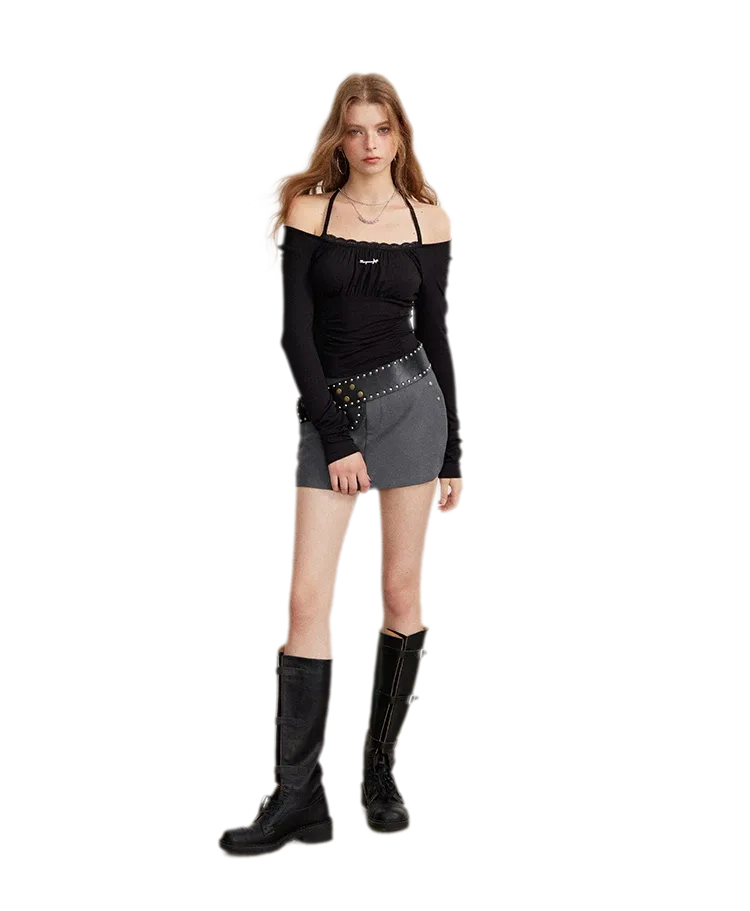 Ruching Lace Trim Long-Sleeve Top