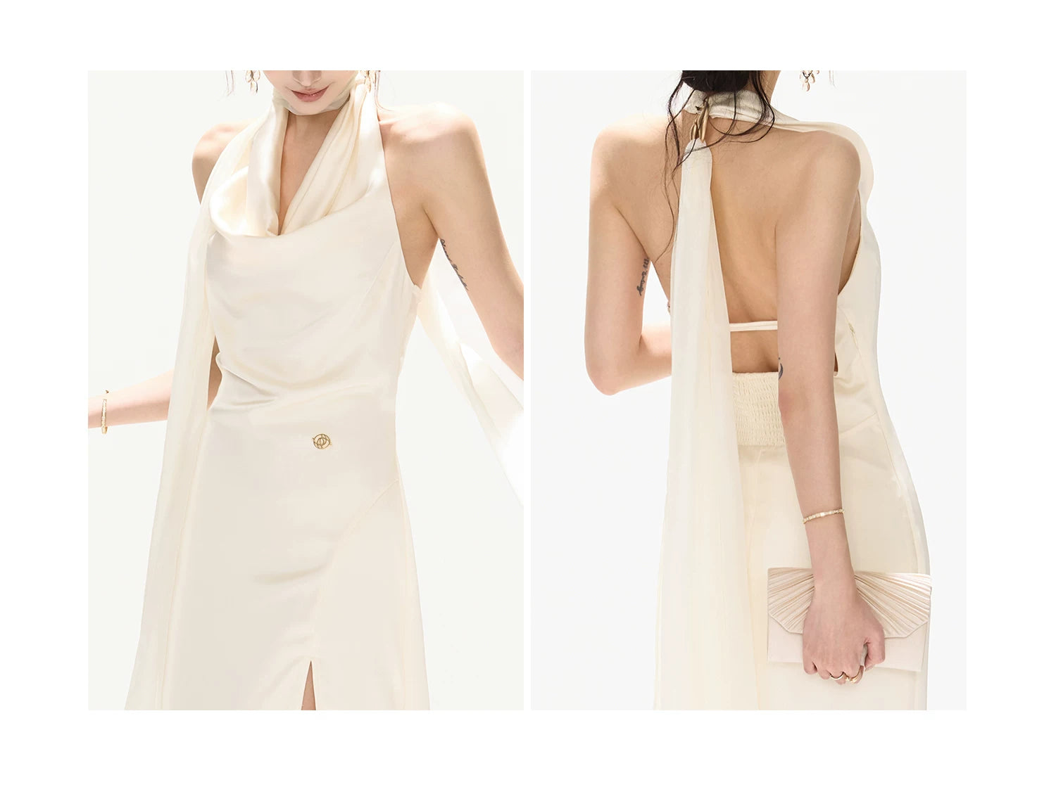 Halterneck Draped Satin Long Dress with Side Slit