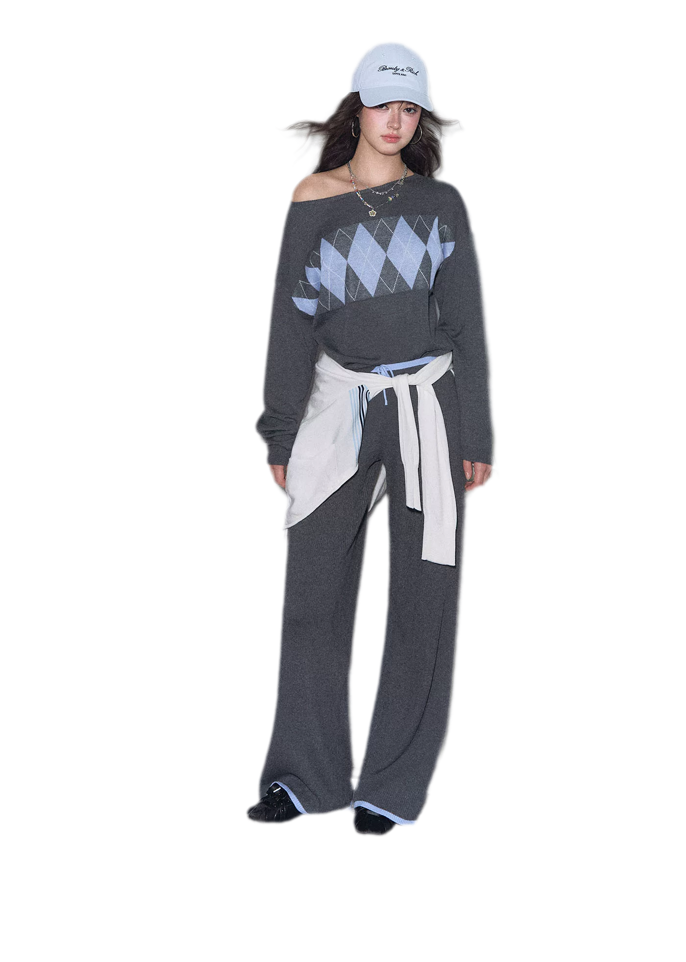 Argyle Off-Shoulder Knit Set