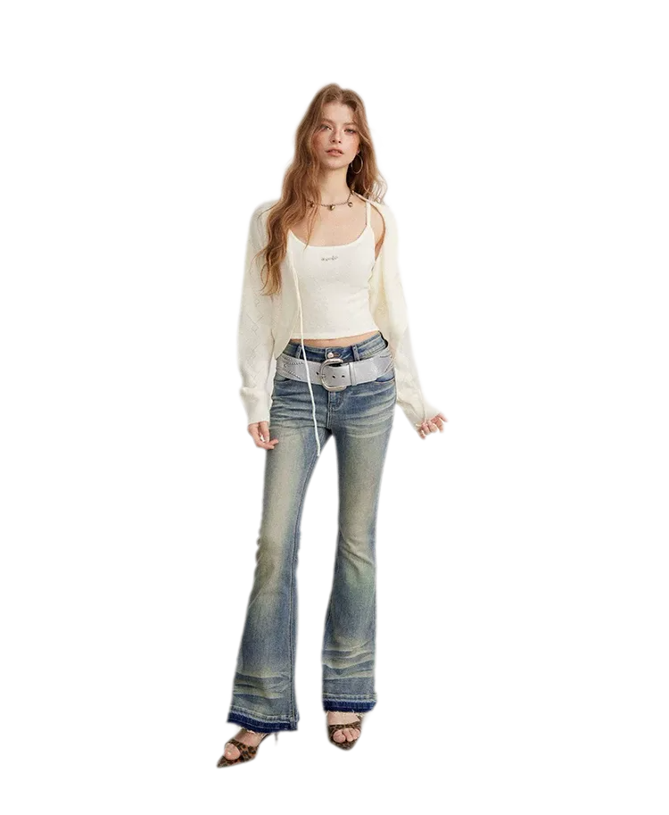 Washed Micro-Flare Contrast-Hem Jeans