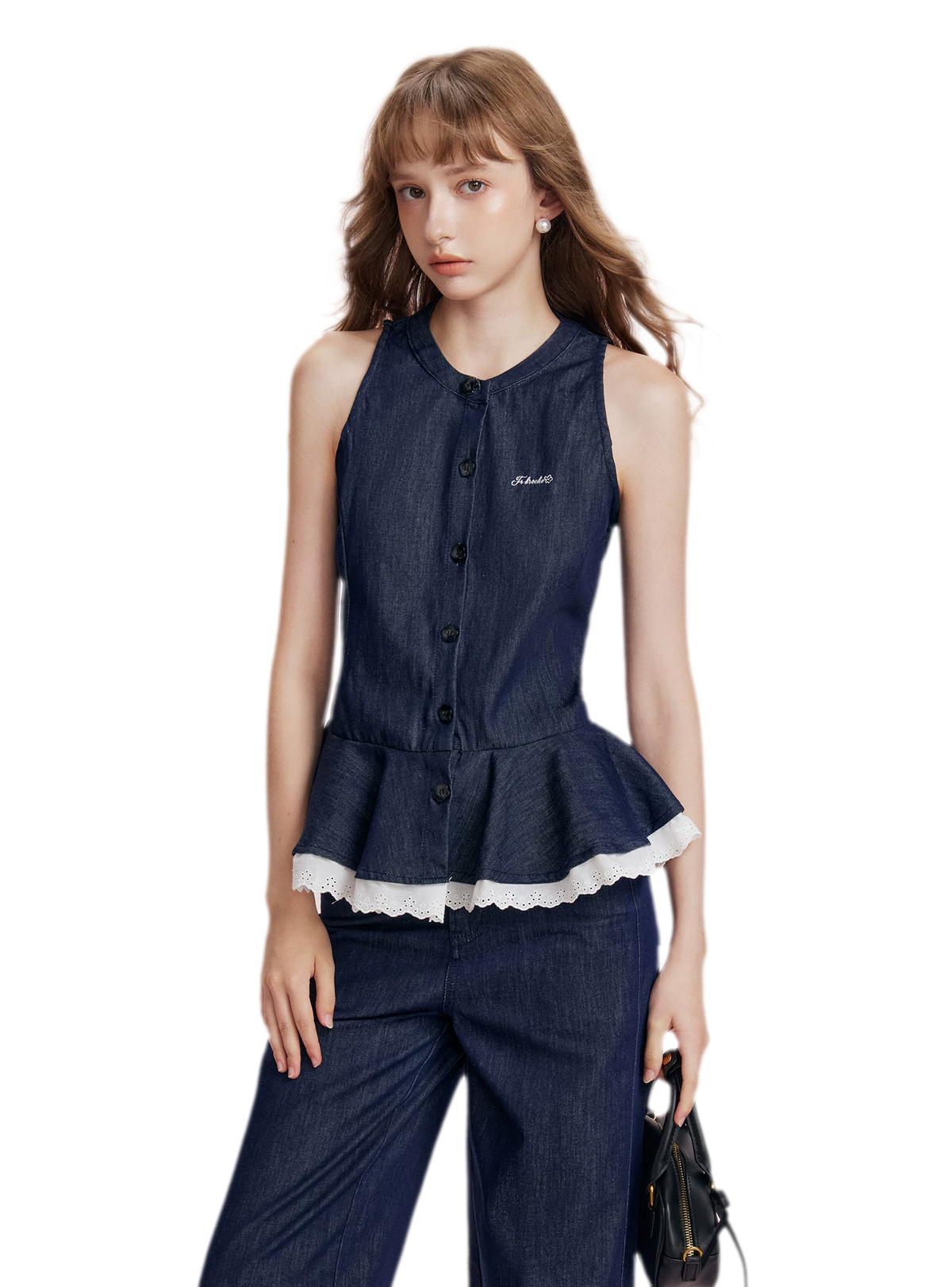 Lace Trim Peplum Denim Set