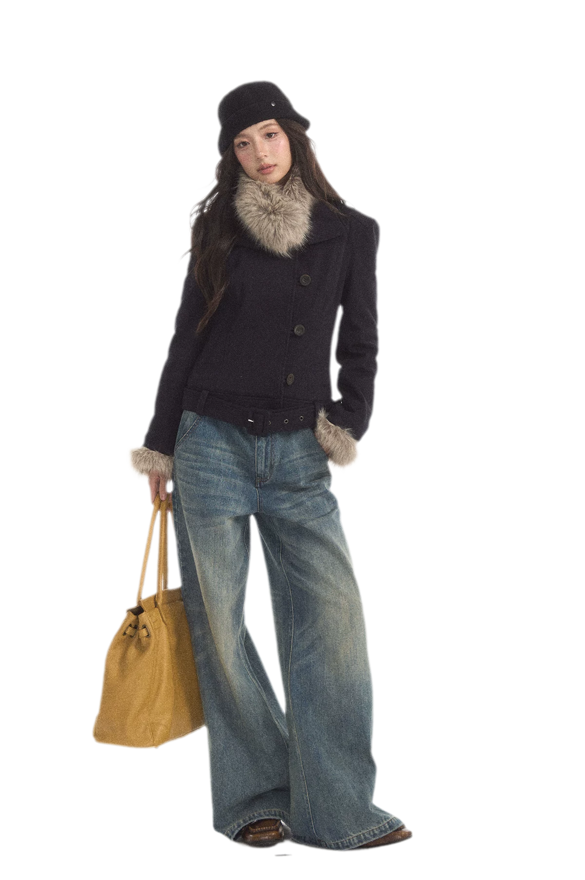 Detachable Fur Collar Twill Coat