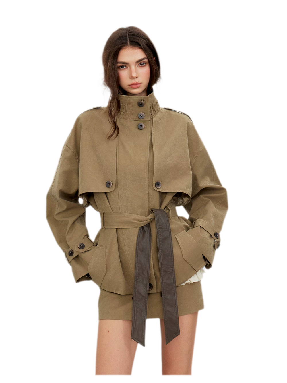 Pleated Stand-Collar Utility Jacket