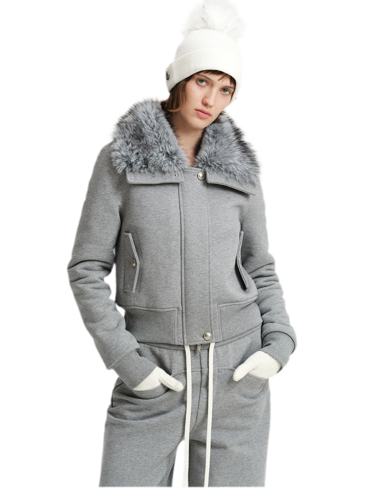 Conjunto de sudadera corta con cuello de pelo sintético