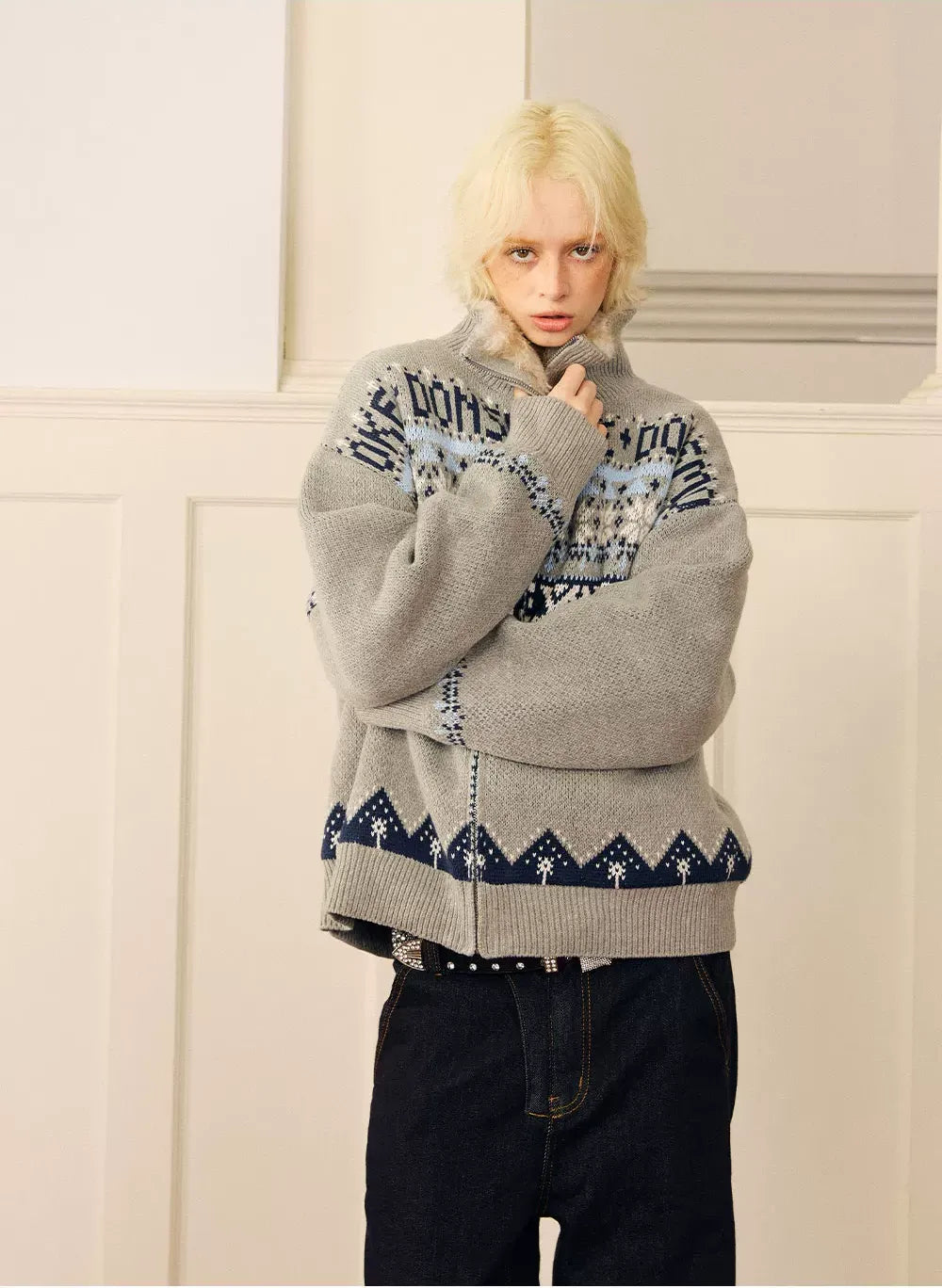 Jacquard Cropped Zip Sweater