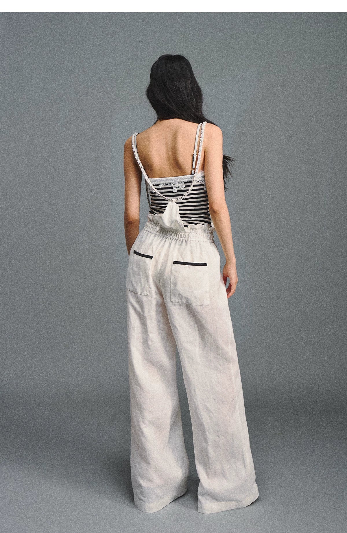 Tencel Linen Contrast Satin Trim Wide-Leg Pants