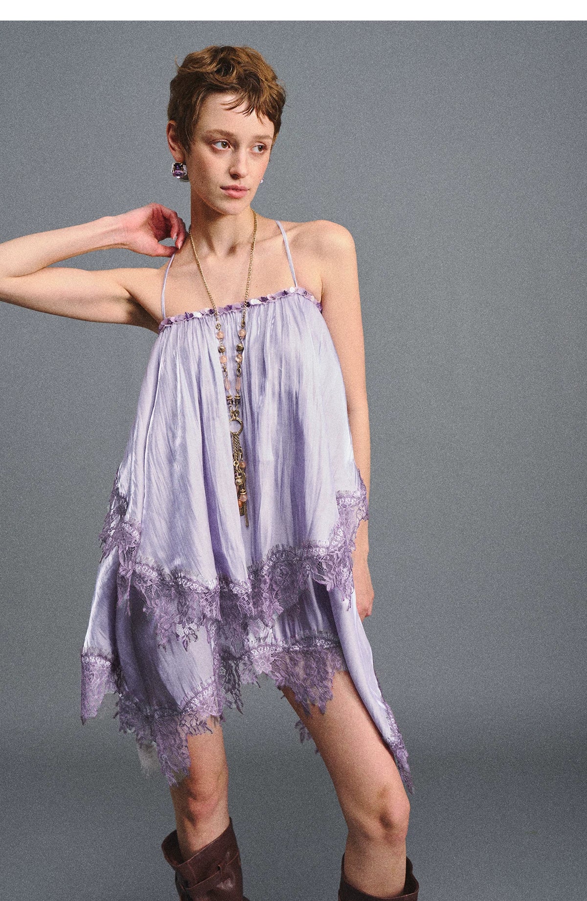 Lavender Galaxy Lace Satin Beaded Strap Dress