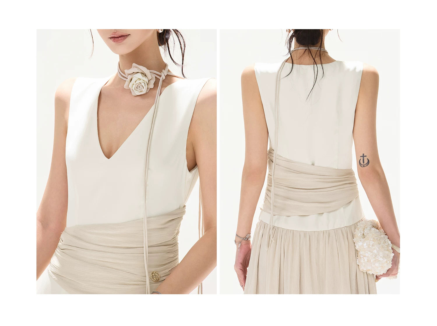 French Style Colorblock Pleated Satin V-Neck Dress