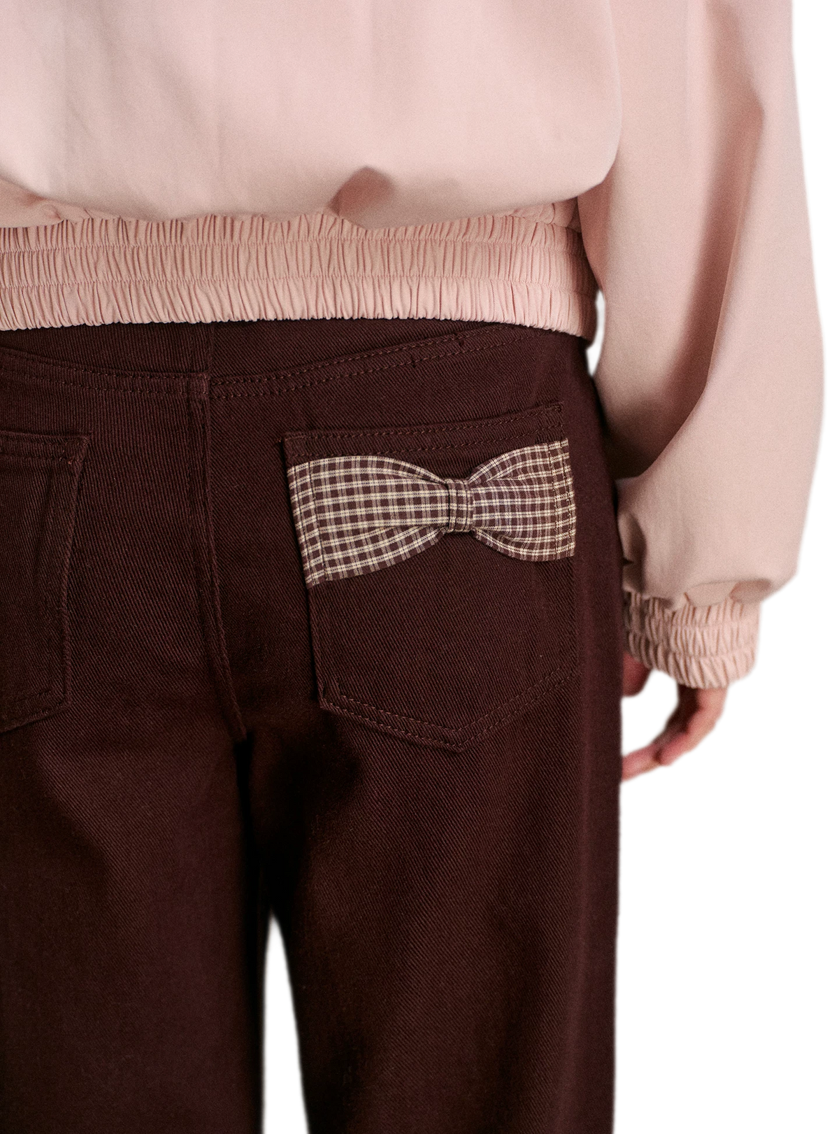 Cotton Contrast Plaid Bow Jeans
