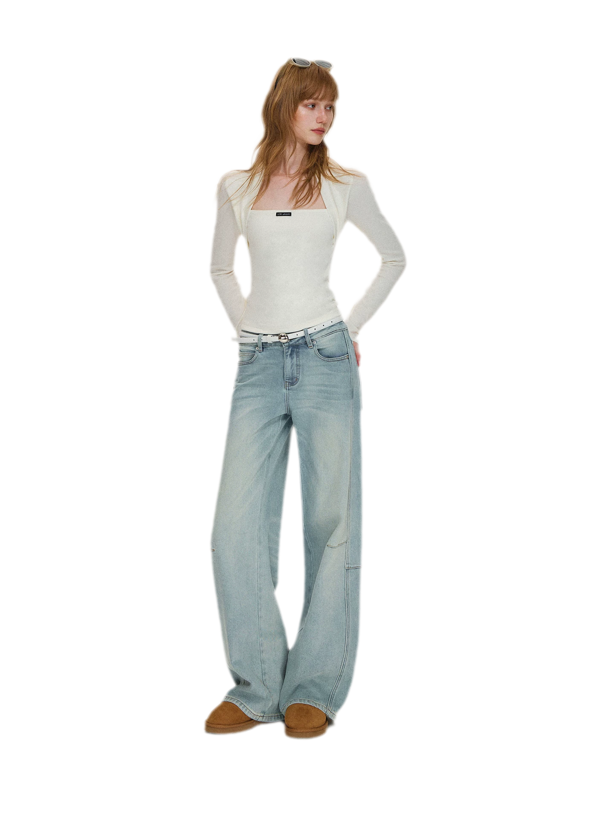 Washed Curved Wide-Leg Jeans
