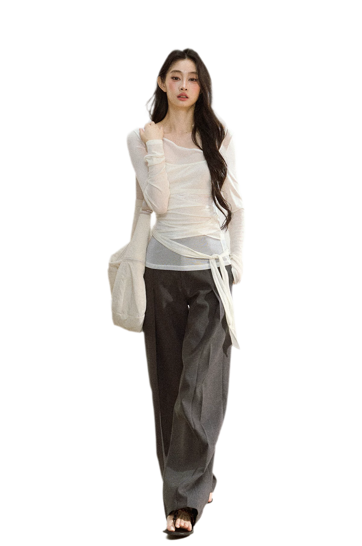 Ruched Sheer Crossover Long-Sleeve Top