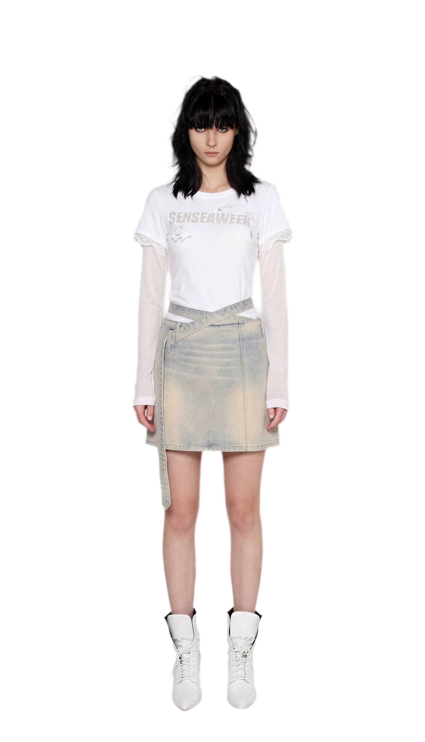 Distressed Denim Separated-Waist Skirt