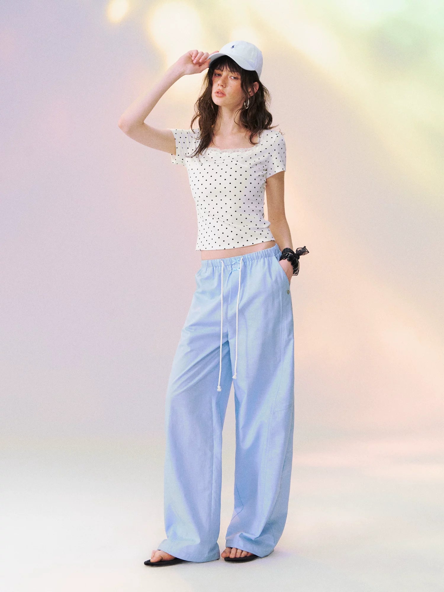 Square Neck Lace-Panel Slim T-shirt