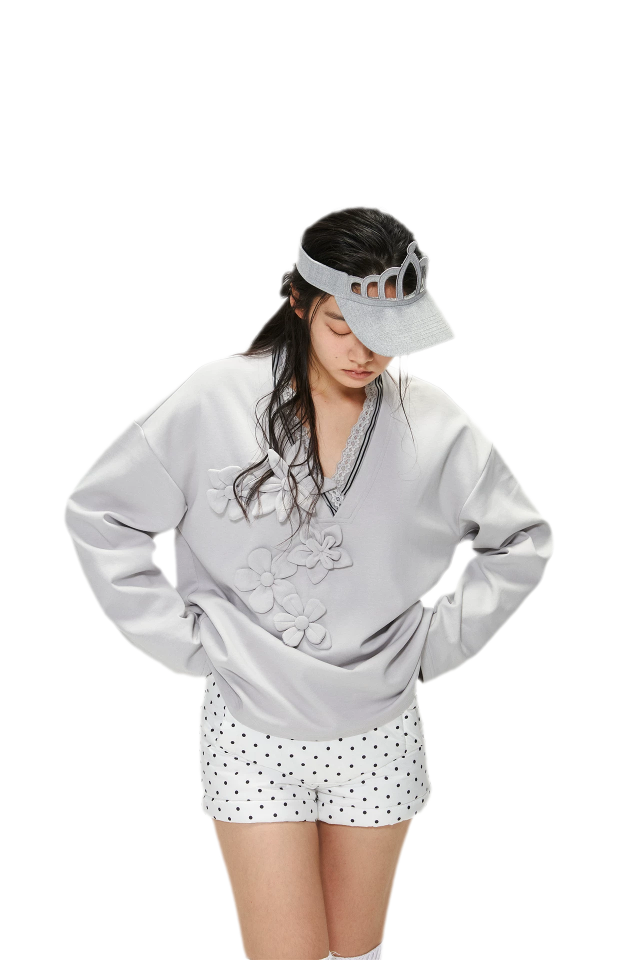 Handmade Flower Appliqué V-Neck Sweatshirt