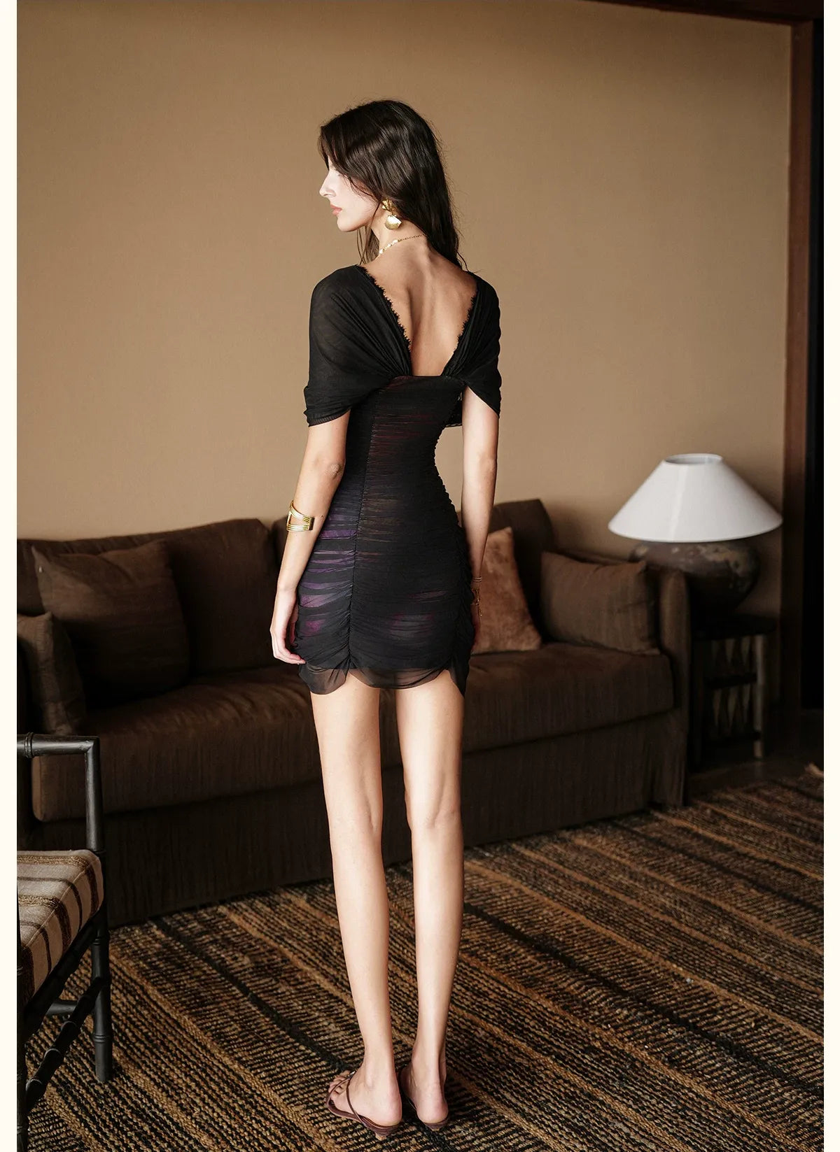 Beaded Off-Shoulder Mesh Dress