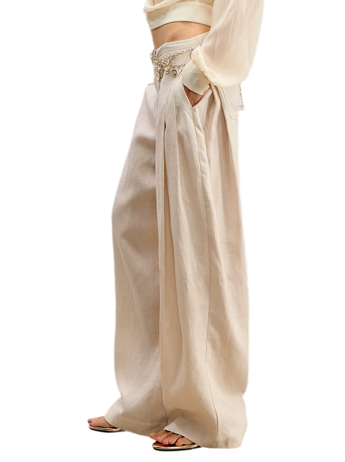 Geplooide wijde broek van Tencel en linnen