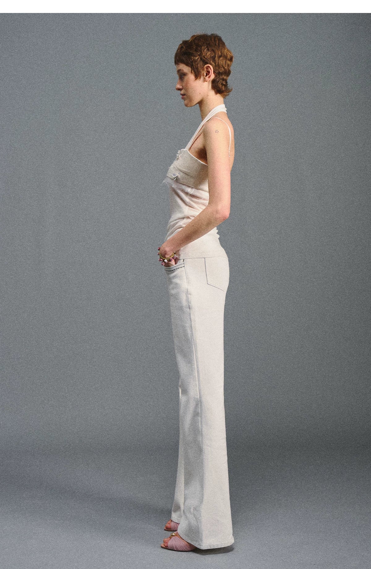 Textured White Contrast Waist Low-Rise Flared Pants