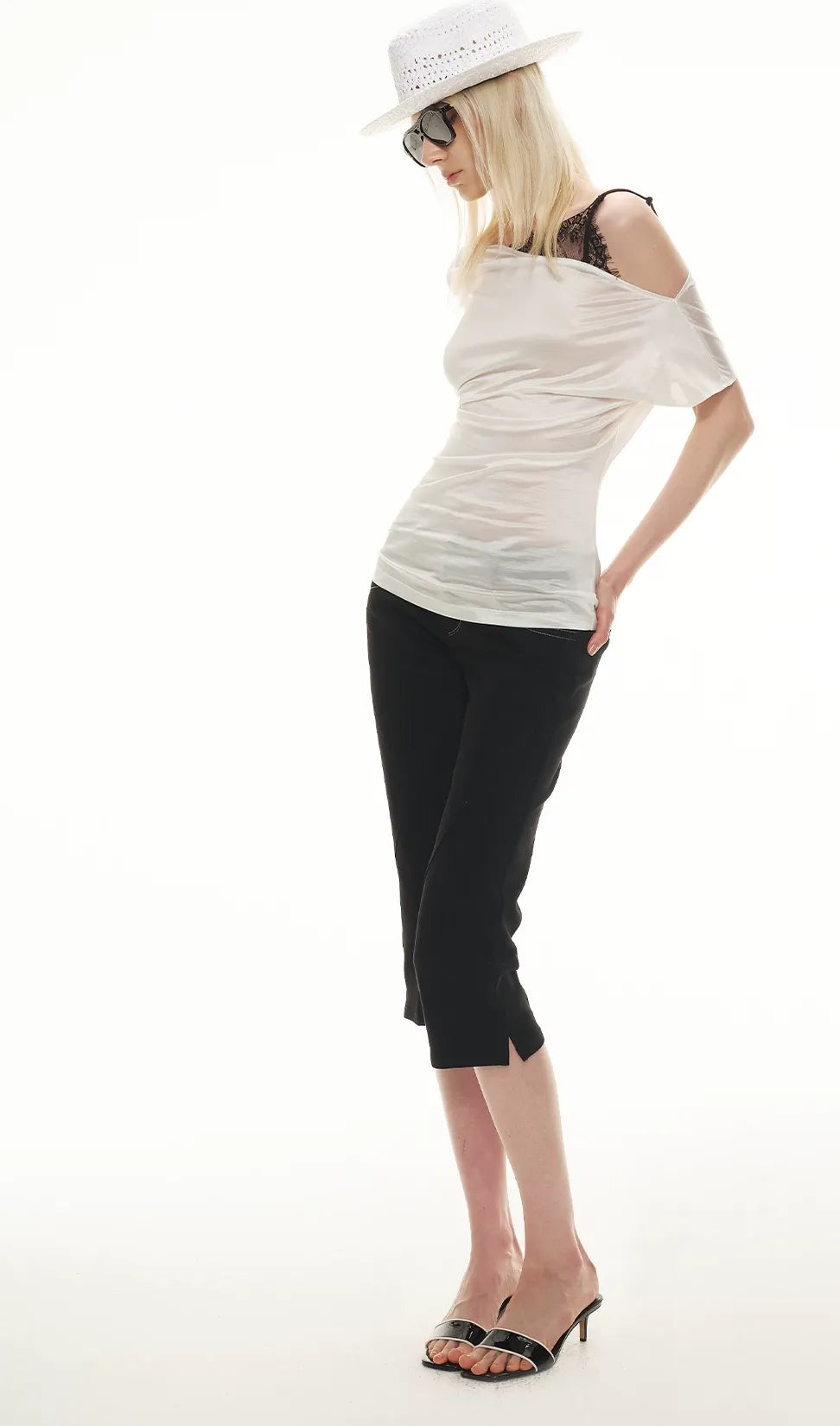 Silky Satin Texture Asymmetric Off-Shoulder Lace Trim T-Shirt