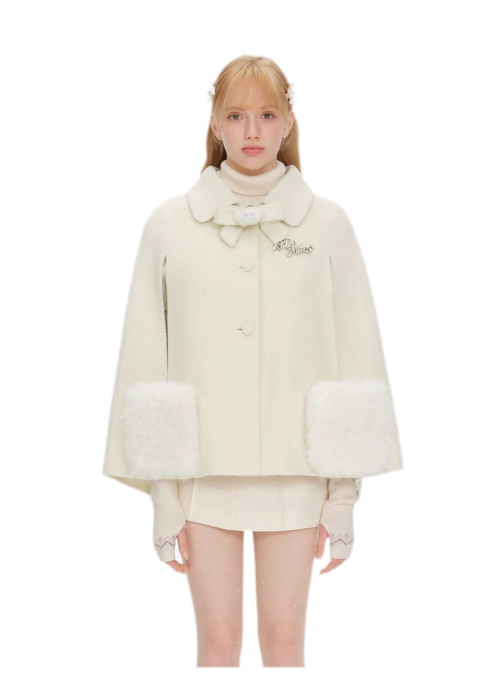 Cappotto mantella in peluche con fiocco